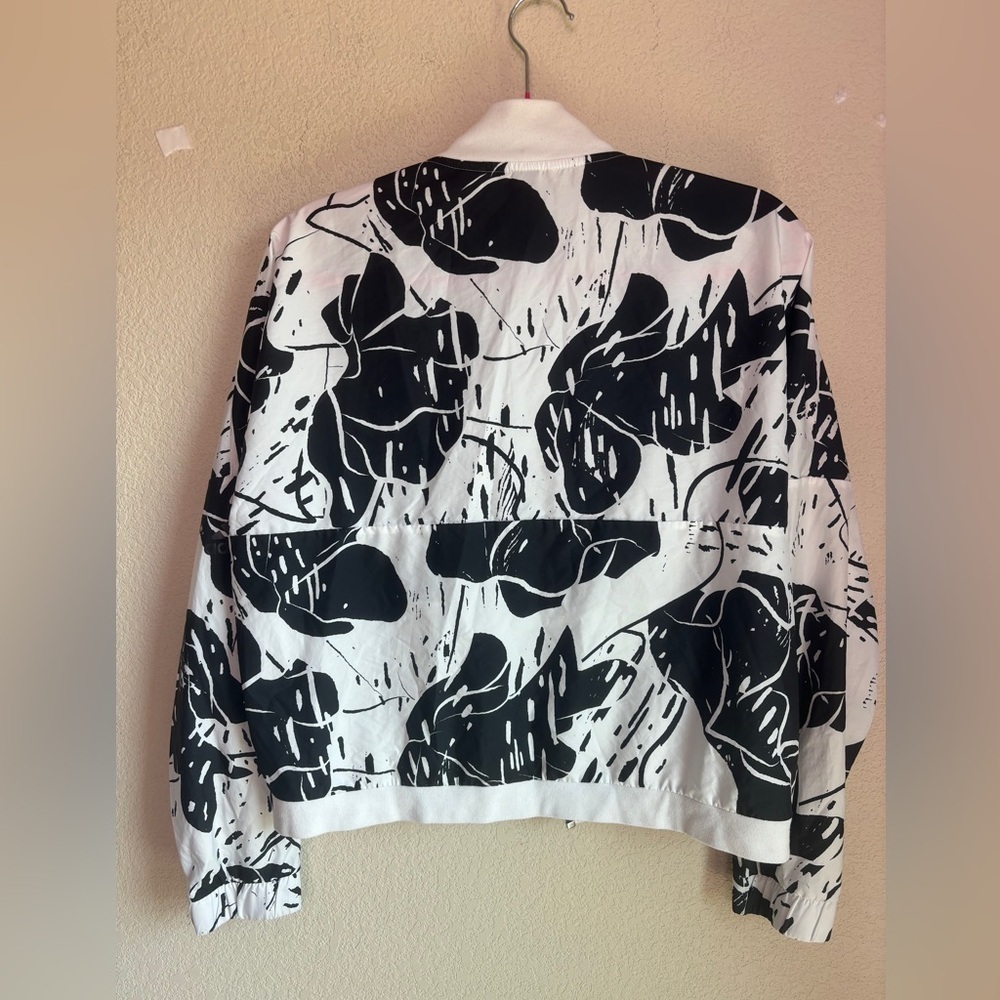 Adidas Black & White Tropical Monstera Cropped Bomber Windbreaker Jacket L - Picture 9 of 9
